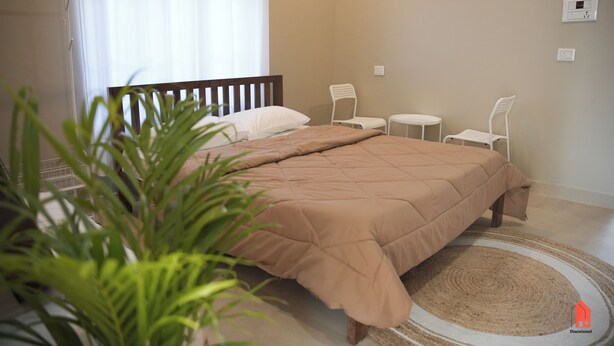 Un dormitorio con cama, dos sillas, una mesita y una planta en maceta.