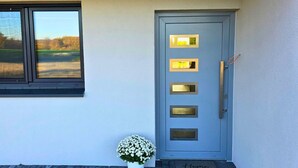 Ein modernes Gebäude mit einer grauen Tür, die mehrere Glasscheiben und einen Metallgriff aufweist. Ein Fenster bietet Blick auf eine Landschaft, und im Erdgeschoss steht ein Blumentopf mit weißen Blüten.
