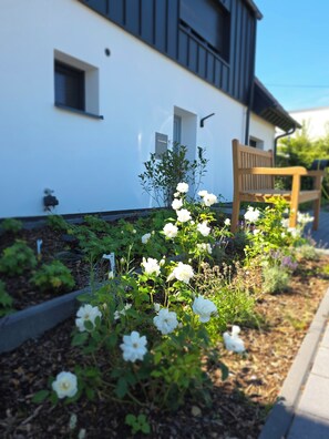 A garden with white flowers in front of a building with a bench. - Panoramic Views and Comfort: "Weitblick" Vacation Rental   (Nümbrecht)