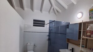 A small bathroom with a toilet, a shower enclosure, and a sink. - Espace Zen Bellevue (Sainte-Rose)