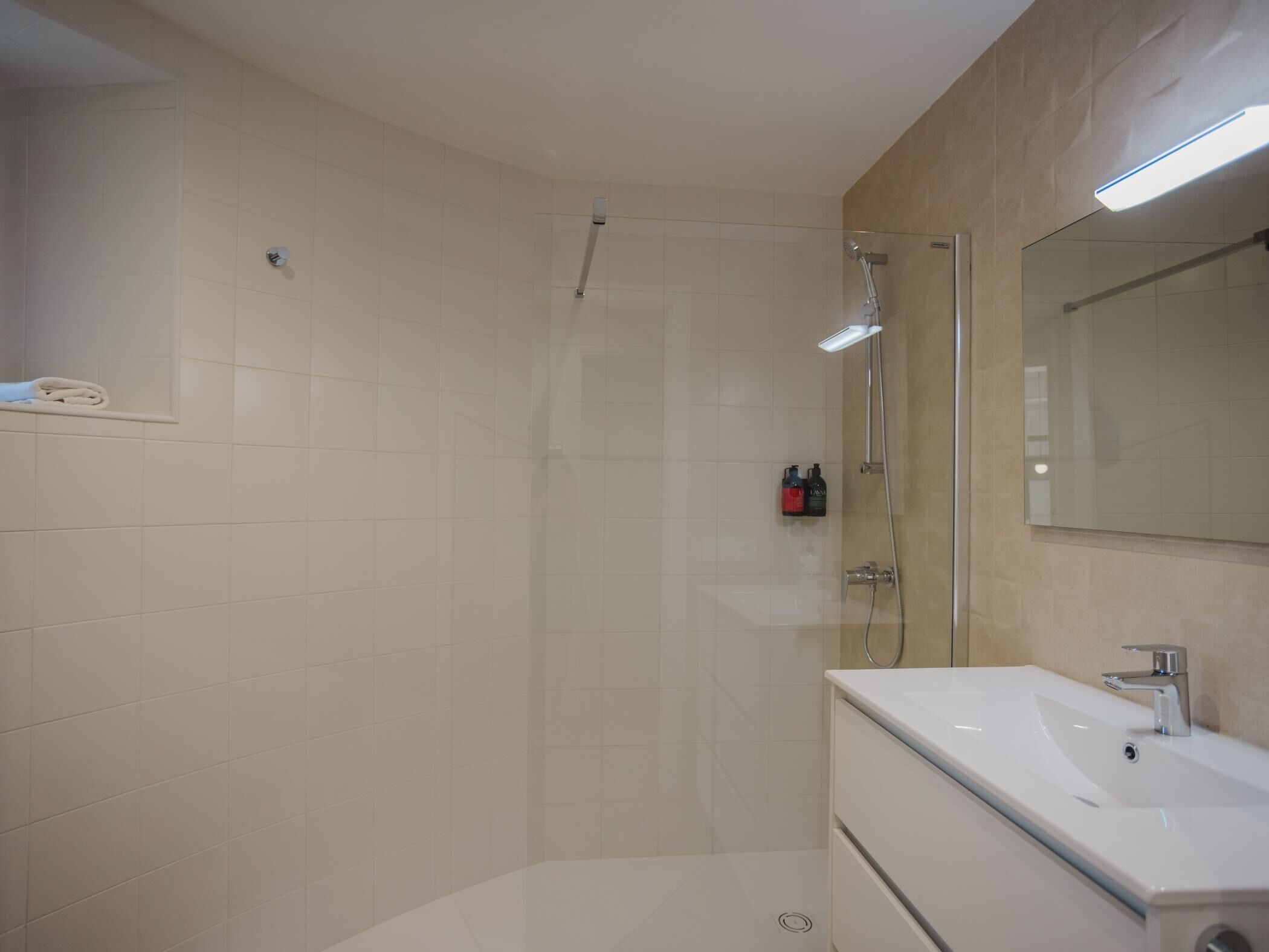 A modern bathroom with a glass-enclosed shower, a white sink, and a mirror.