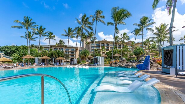 Une piscine avec des chaises longues et des palmiers.