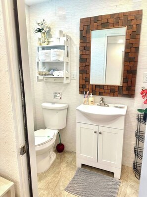 Séchoir à cheveux, serviettes fournies, savon, papier de toilette