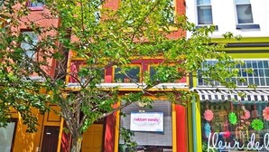 Une vue de rue avec un arbre au premier plan, un bâtiment portant une enseigne indiquant « bonbons artisanaux », et un autre bâtiment avec une enseigne « fleur de lys ».