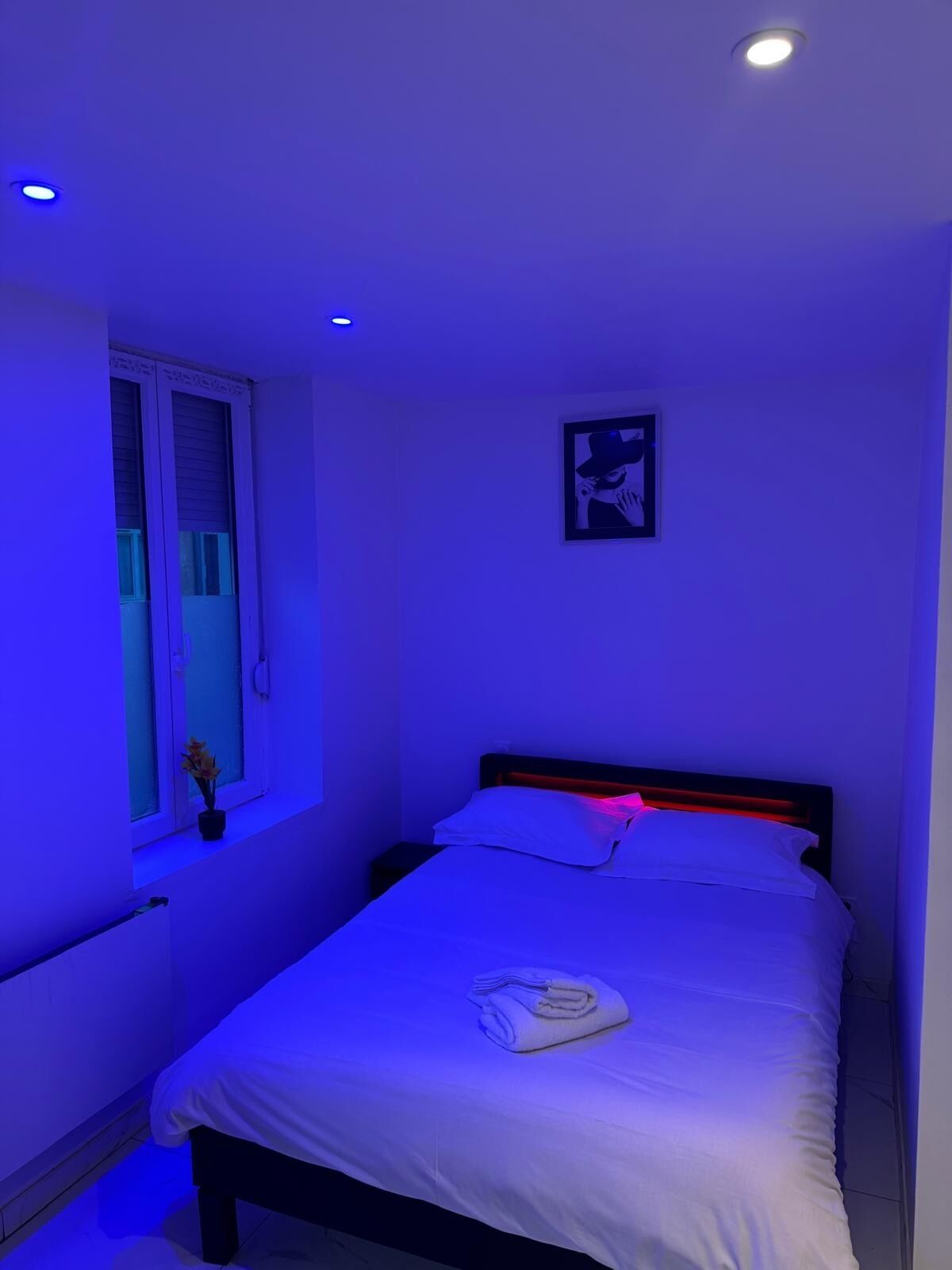 A bedroom with a bed, a window, and a picture on the wall.