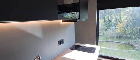 Fridge, microwave, stovetop, coffee/tea maker