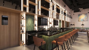 A modern bar with a long counter, multiple shelves with bottles, and a seating area with chairs. - Caption By Hyatt Chattanooga Downtown (Chattanooga)