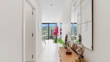 A modern hallway with a wooden console table, a large mirror, and a view of a balcony with plants and a mountain in the distance.