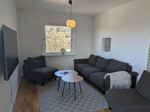 A modern living room with a grey sofa, a smaller armchair, a coffee table, and a hanging pendant light.