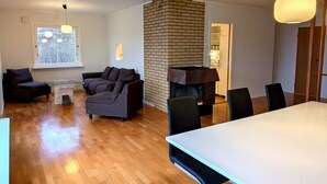 Ein modernes Wohnzimmer mit Kamin, einer Essecke mit Tisch und Stühlen sowie einem Sofa.