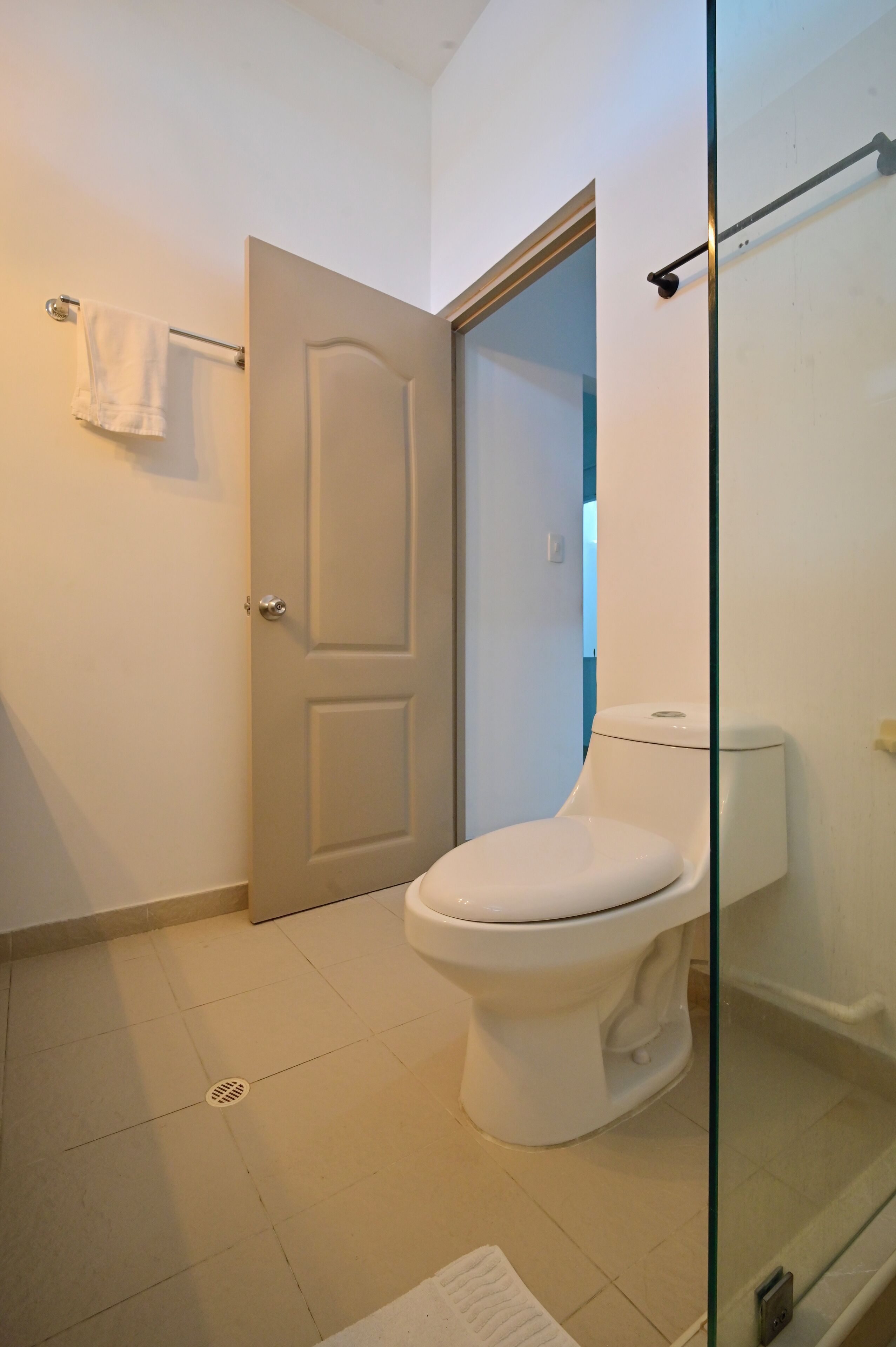 Un baño con inodoro, toallero y cabina de ducha de vidrio.