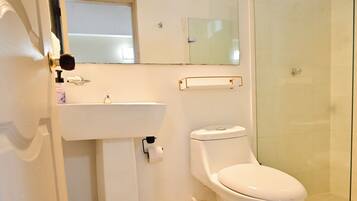 Un baño con inodoro, lavabo y cabina de ducha de vidrio.