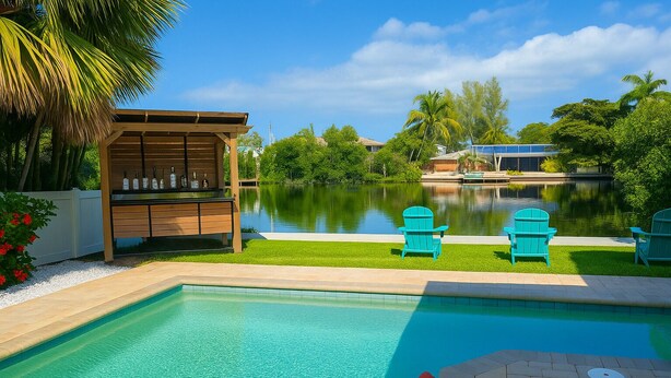 A swimming pool with a wooden deck and chairs, a bar area, and a view of a lake and buildings in the background. - Lakefront Oasis w/ Heated Pool 2-Minutes Walk to Beach! (Holmes Beach)
