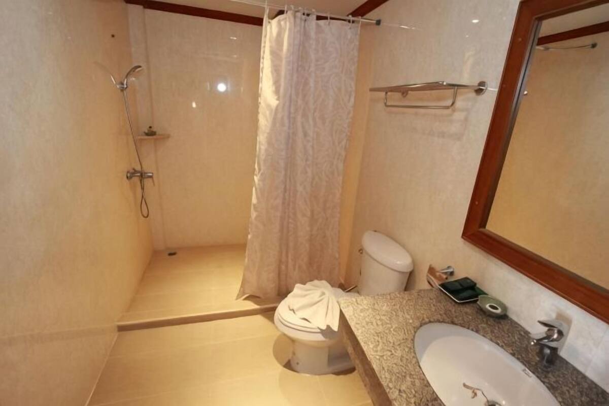 A bathroom with a shower, toilet, sink, and mirror.