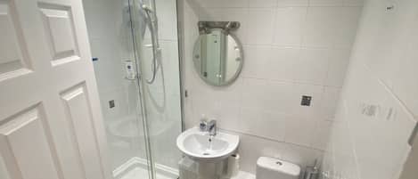 Shower, towels, soap, toilet paper