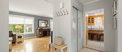 TV, fireplace, books, stereo