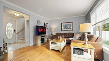 Fernseher, Kamin, Bücher, Stereoanlage