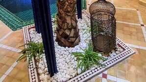 A spacious indoor area with a palm tree, a decorative birdcage, and a pool.