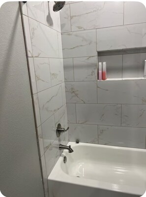 Hair dryer, towels, soap, toilet paper