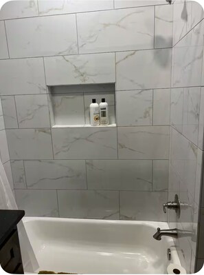 Hair dryer, towels, soap, toilet paper