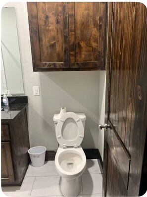 Hair dryer, towels, soap, toilet paper