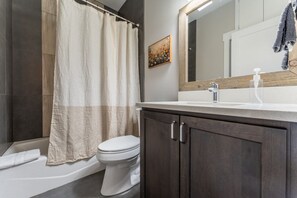 Un bagno con tenda doccia, wc, lavandino con specchio e mobili in legno.