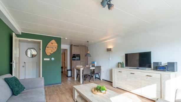 Un salon moderne avec un canapé, une table basse et un téléviseur. On aperçoit, au fond, un coin cuisine avec des meubles en bois et une table à manger.