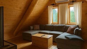 Una camera mansardata accogliente con un soffitto spiovente in legno, un divano componibile, un tavolino in legno e una televisione.