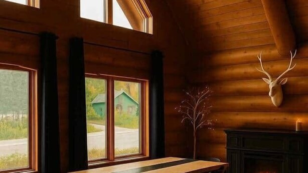 A log cabin interior with a wooden dining table, chairs, large windows, a fireplace, and a mounted deer head. - 108 Rte du Valinouet (Saint-David-de-Falardeau)