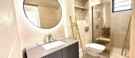 Hair dryer, towels, soap, toilet paper