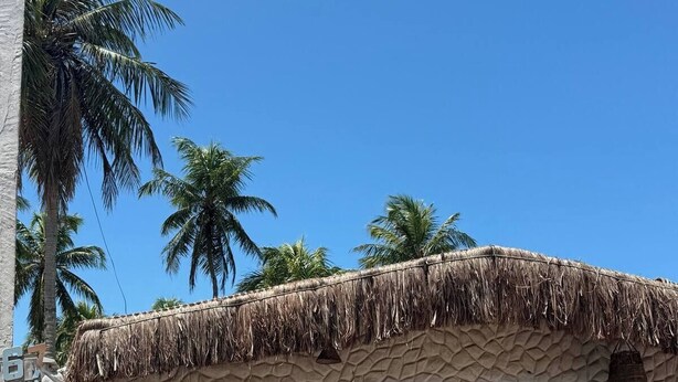 A building with a textured white exterior, a thatched roof, and a small window. - House on the beach street in Gostoso (Touros)