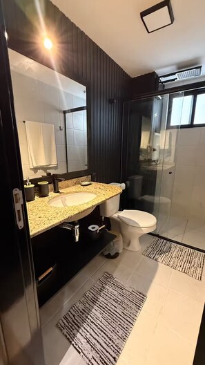 Shower, hair dryer, soap
