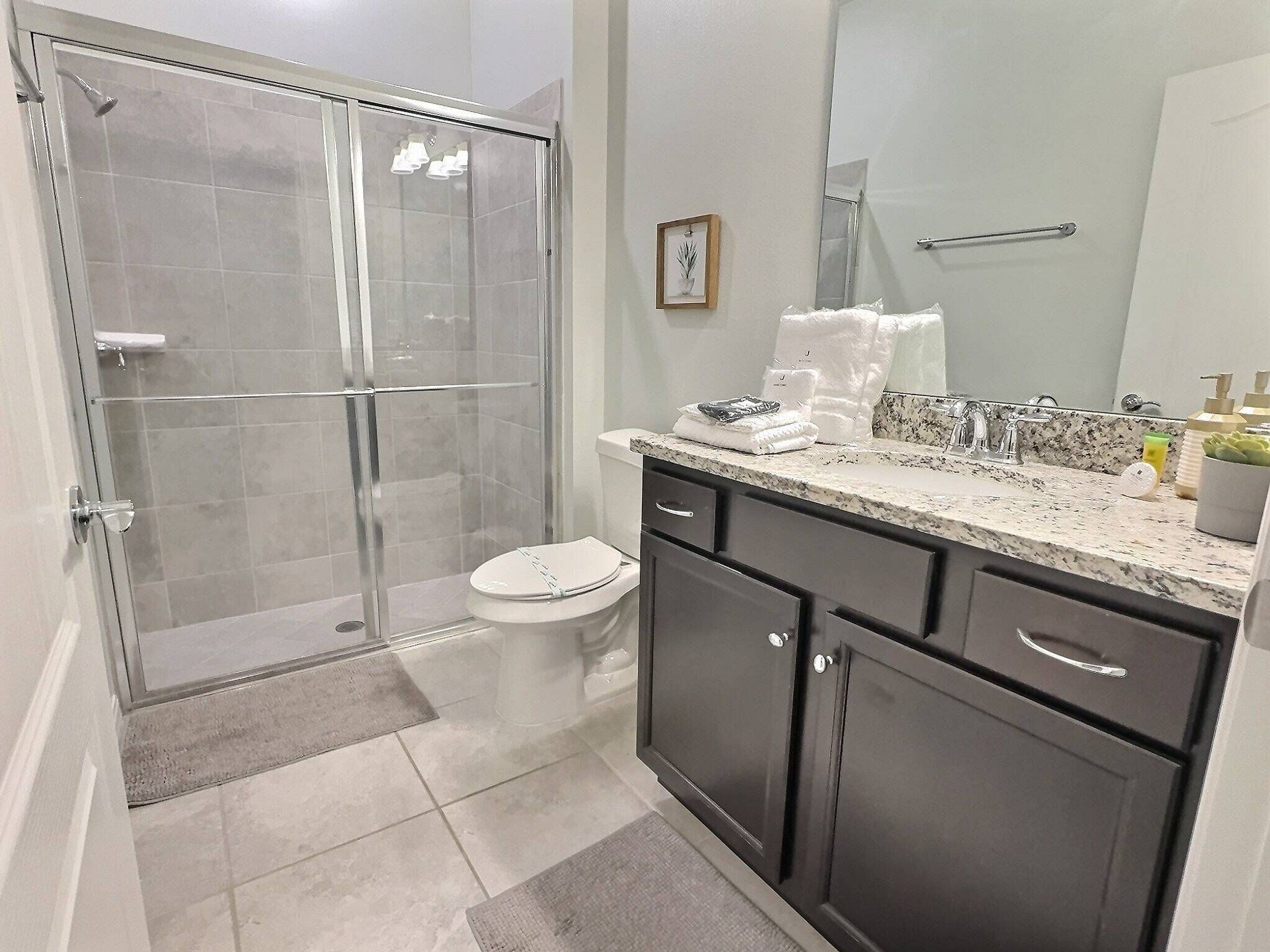 A modern bathroom with a glass-enclosed shower, a toilet, and a vanity with a mirror.