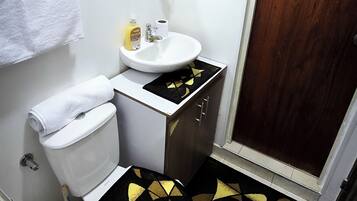 Shower, towels, soap, toilet paper