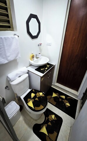 Shower, towels, soap, toilet paper