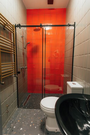 Douche, sèche-cheveux, serviettes fournies, savon
