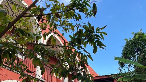 Un cortile con architettura rossa e bianca, caratterizzato da porticati ad arco e un’area giardino centrale.