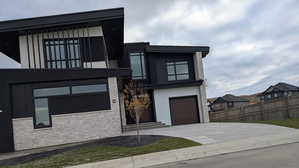 A modern two-story house with a garage, a small tree in the front yard, and a cloudy sky.