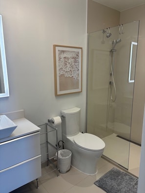 Dusche, Haartrockner, Handtücher, Seife