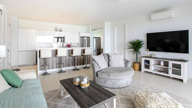 Ein modernes Wohnzimmer mit einem grauen Sofa, einem Couchtisch, einem Fernseher, einer Küchenzeile und einem Deckenventilator.