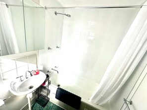 Hair dryer, towels, soap, toilet paper