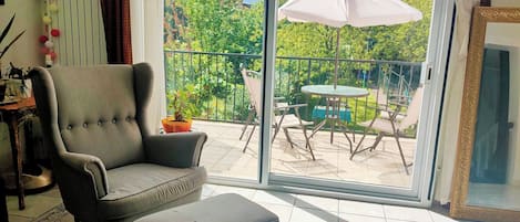 TV, fireplace, books