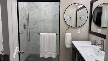 Hair dryer, towels, soap, toilet paper