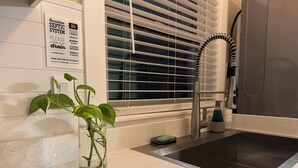 Una cocina con un lavamanos, grifo, planta en un florero de vidrio y un letrero sobre la sensibilidad del sistema séptico.