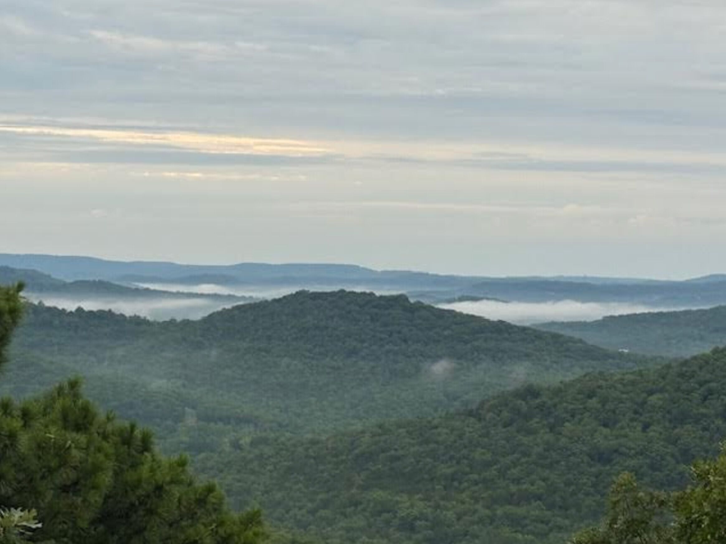 A panoramic view of a mountainous landscape with dense forests and a layer of clouds below.