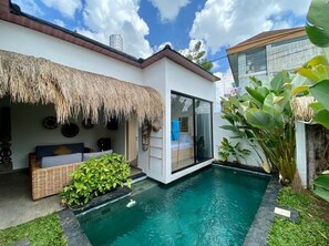 Una casa moderna con piscina, techo de paja y un espacio con paredes de vidrio.