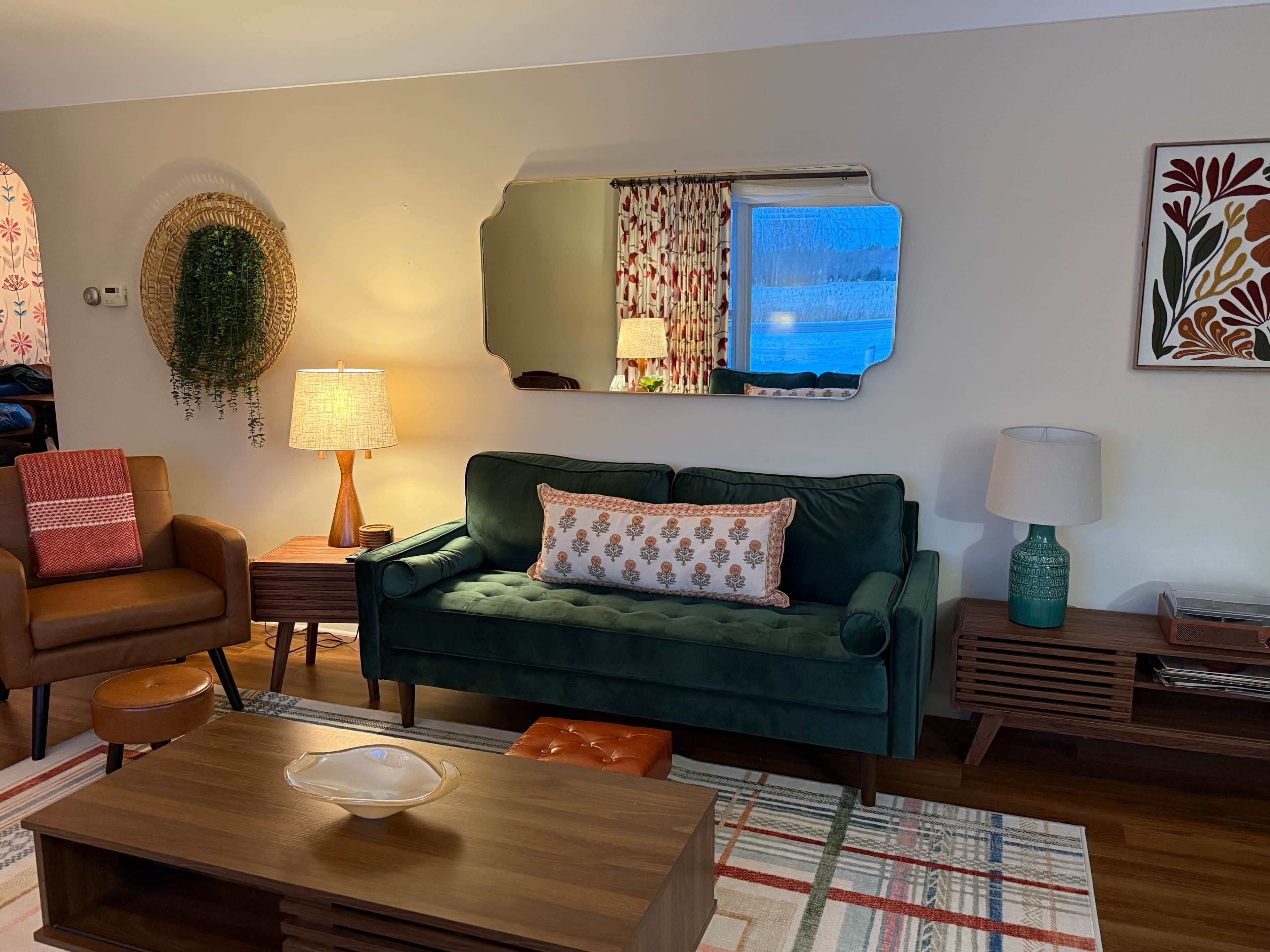 Smart TV, fireplace, books