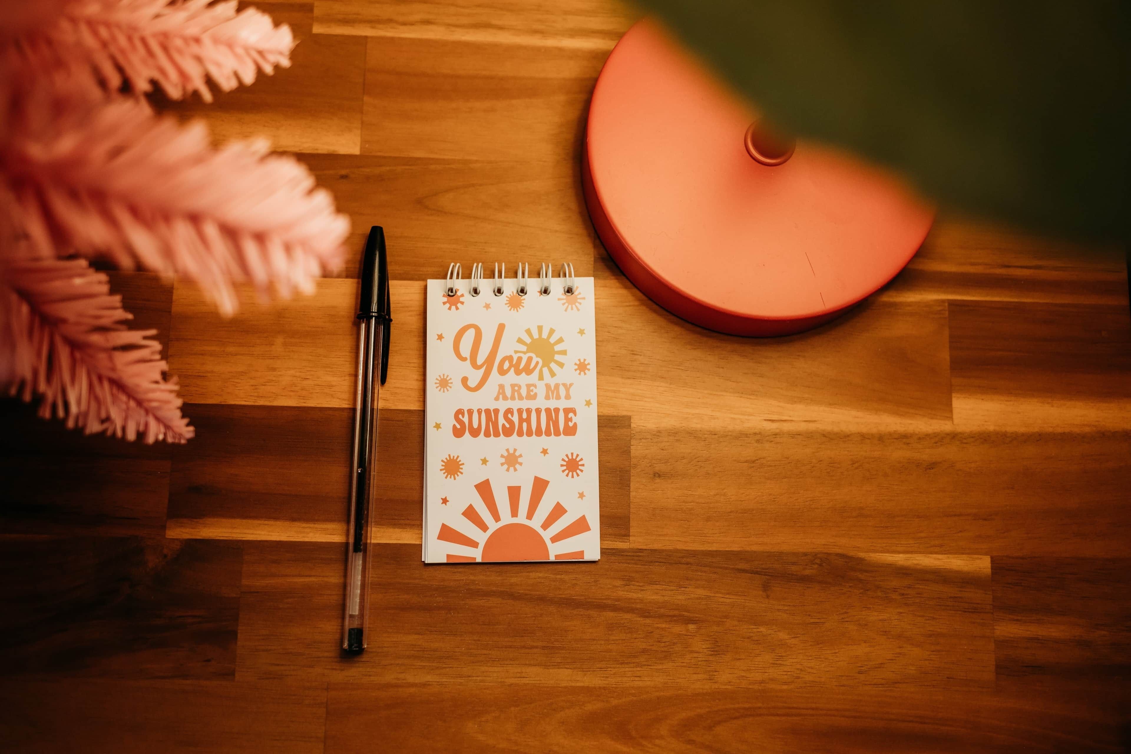 Um caderno com uma frase motivacional, uma caneta e um objeto redondo laranja sobre uma superfície de madeira.