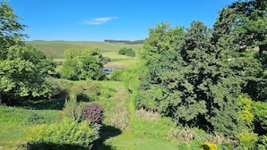 A lush green landscape with dense trees and a small stream. - eMkhosini Royal Sun (Underberg)