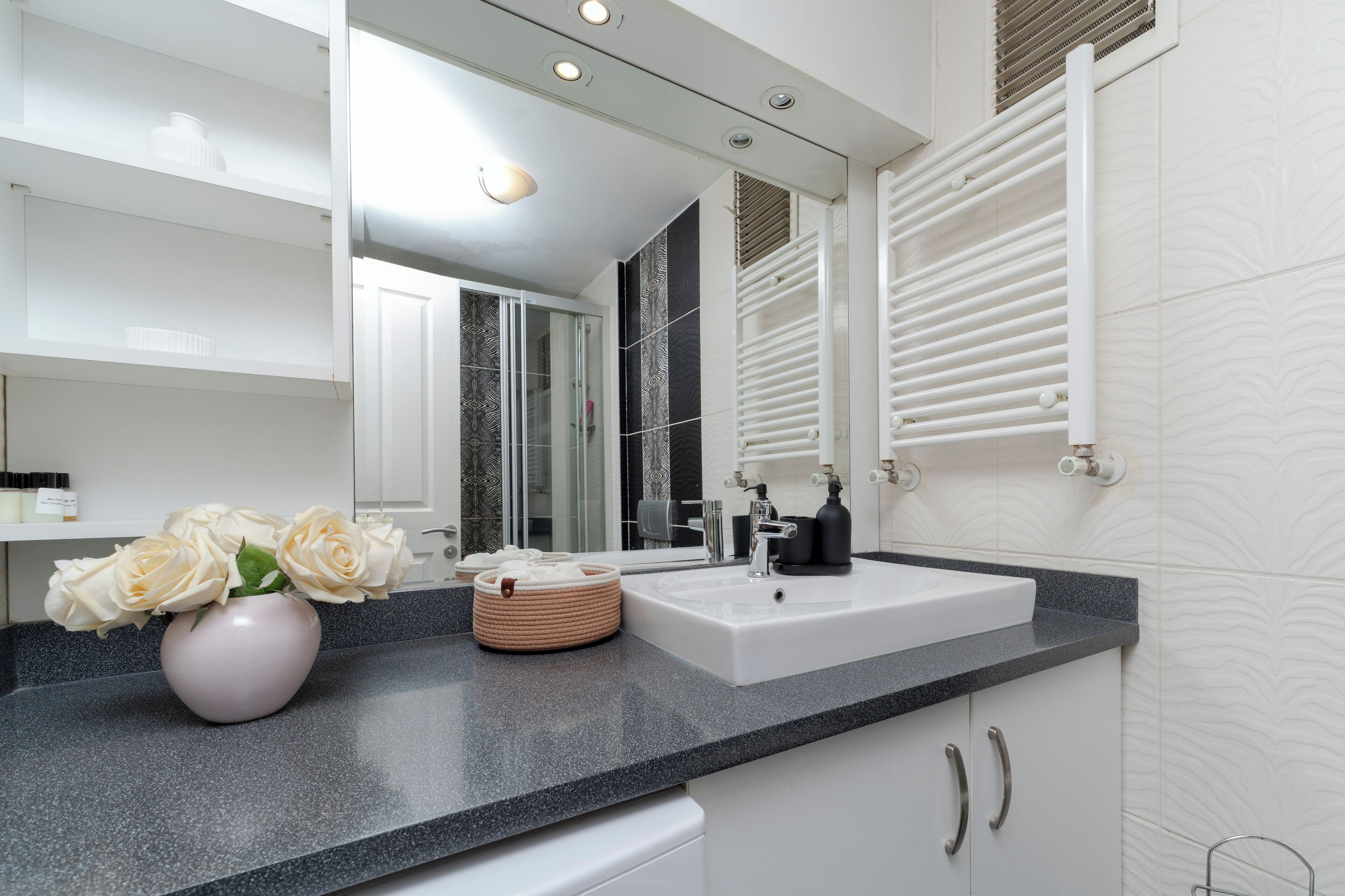 Hair dryer, bidet, towels, soap